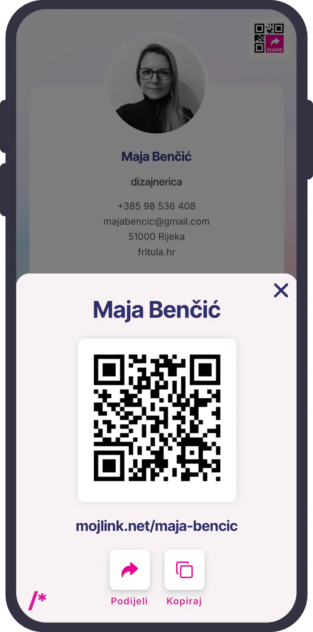 tvoj profil vizitka overlay